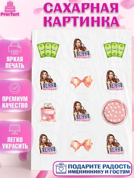 Сахарная картинка, Вечно молодая, подарок, сердце, косметика, женщина, Девочка, День рождения, арт. PT117855
