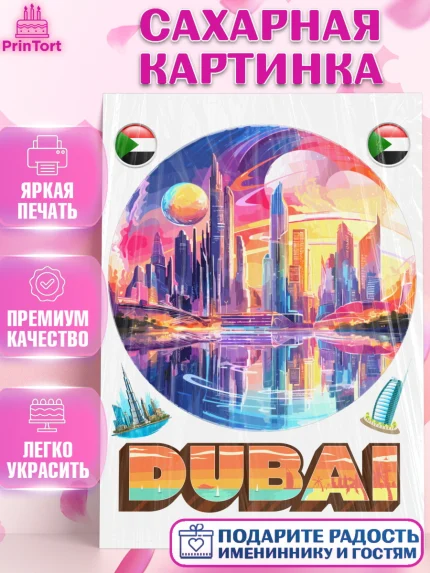 Сахарная картинка, ОАЭ - Дубай, Дубай, ОАЭ, Бурдж-Халифа, Бурдж аль-Араб, верблюд, пальма, Девочка, арт. PT117959