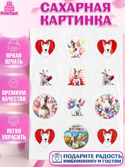 Сахарная картинка, Бультерьер, Собака, Девочка, День рождения, арт. PT118313