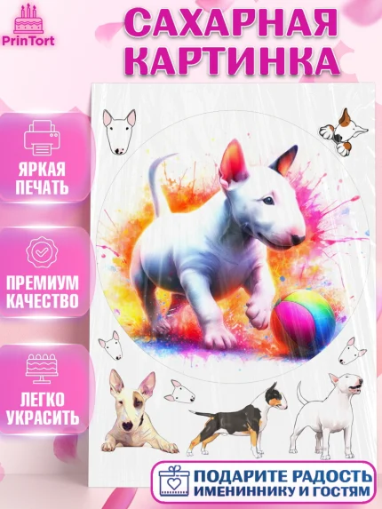 Сахарная картинка, Бультерьер, Собака, Девочка, День рождения, арт. PT118319