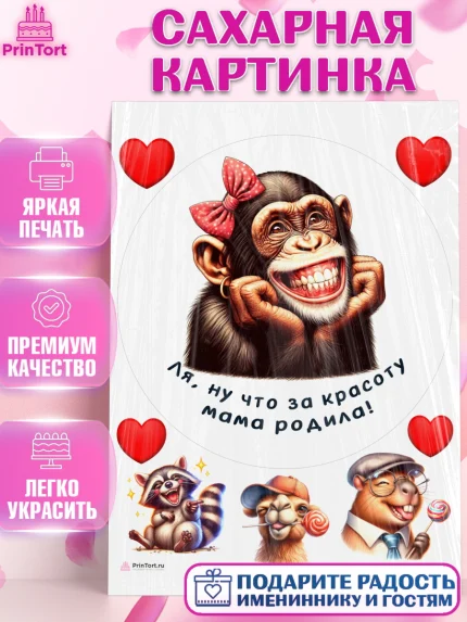 Сахарная картинка, Прикольные животные, обезьяна, животные, звери, забавные животные, Девушка, арт. PT118453