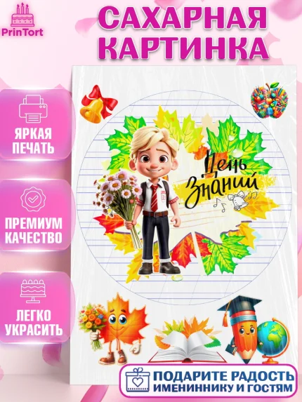 Сахарная картинка, 1 сентября, Мальчик, школьник, ученик, учебник, школа, день знаний, осень, арт. PT118613