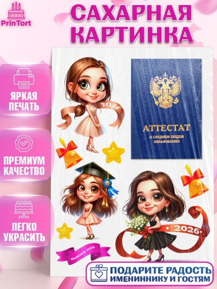 Сахарная картинка, Выпускной в школе, школьный выпускной 2026, учителю на выпускной, Девочка, арт. PT119754