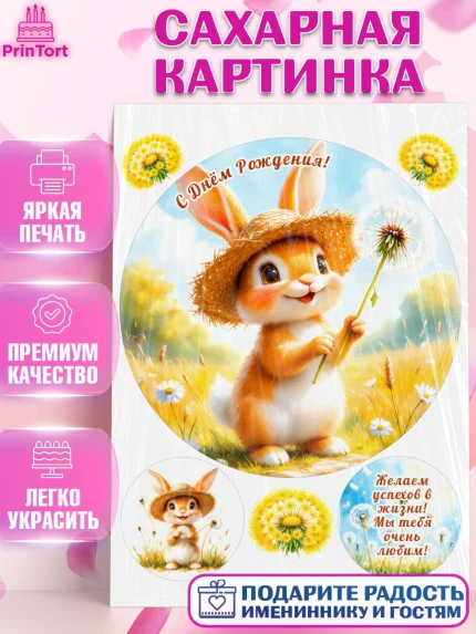 Сахарная картинка, День рождения, Зверята, животные, Зайка, одуванчик, игрушка зайчик, зайчонок, арт. PT120158