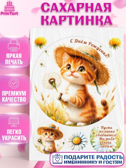 Сахарная картинка, День рождения, Зверята, животные, Котик, кошка, котенок, игрушка котенок, арт. PT120160