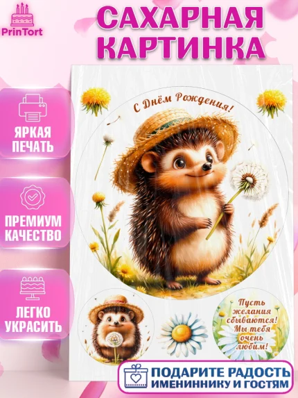 Сахарная картинка, День рождения, Зверята, животные, Ёжик, ёж, одуванчик, игрушка ёж, Девочка, арт. PT120161