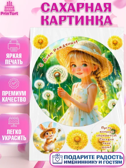 Сахарная картинка, День рождения, Девочка, Одуванчик, арт. PT120166