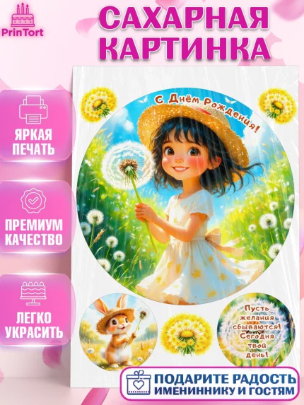 Сахарная картинка, День рождения, Девочка, Одуванчик, арт. PT120167