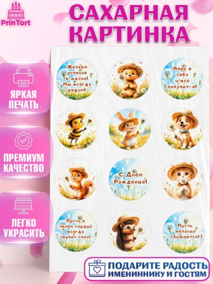 Сахарная картинка, День рождения, Зверята, животные, белка, мишка, зайка, собака, кошка, Девочка, арт. PT120173