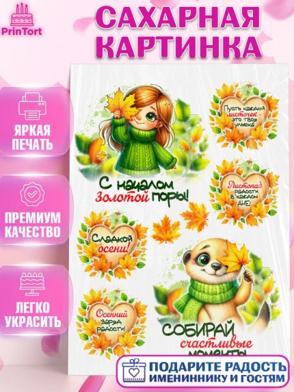 Сахарная картинка, День рождения, осень, осенняя пора, листья, девочка, осенние листья, арт. PT120231