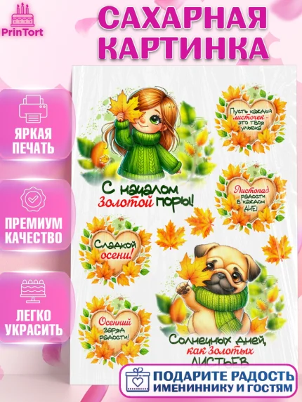 Сахарная картинка, День рождения, осень, осенняя пора, листья, девочка, осенние листья, арт. PT120233