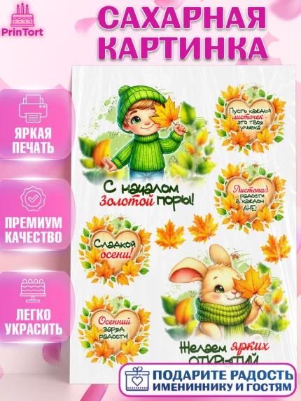 Сахарная картинка, День рождения, осень, осенняя пора, листья, девочка, осенние листья, Мальчик, арт. PT120238