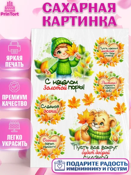 Сахарная картинка, День рождения, осень, осенняя пора, листья, девочка, осенние листья, Мальчик, арт. PT120240