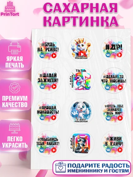 Сахарная картинка, Социальные сети, Тик ток, инстаграм, вк, единорог, ютуб, Tik Tok, You Tube, VK, арт. PT120372