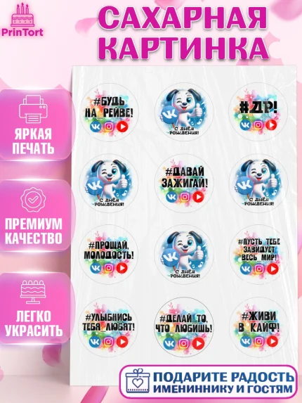 Сахарная картинка, Социальные сети, Тик ток, инстаграм, вк, единорог, ютуб, Tik Tok, You Tube, VK, арт. PT120375
