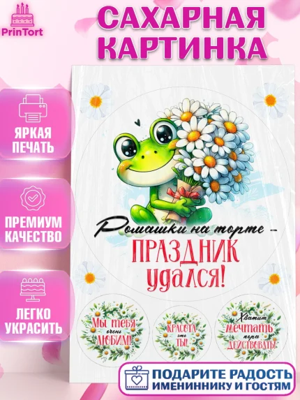 Сахарная картинка, День рождения, Лягушка, принцеса, ромашки, букет, цветы, Девочка, арт. PT120470