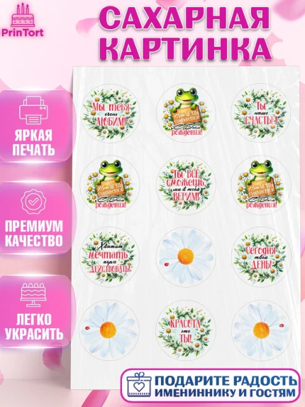 Сахарная картинка, День рождения, Лягушка, принцеса, ромашки, букет, цветы, Девочка, арт. PT120484