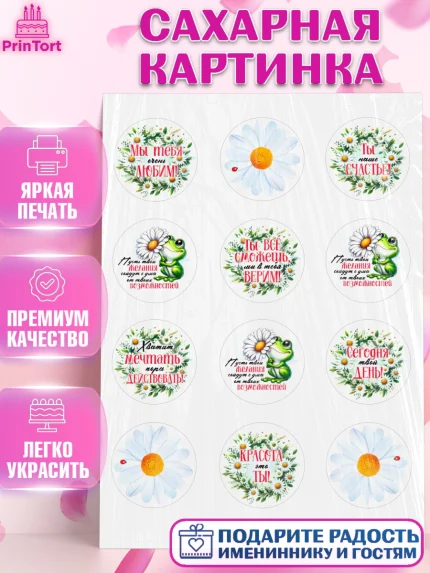 Сахарная картинка, День рождения, Лягушка, принцеса, ромашки, букет, цветы, Девочка, арт. PT120485