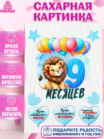 Сахарная картинка, День Рождение малыша, звери, животные, зоопарк, мальчику, шарики, Мальчик, арт. PT120850