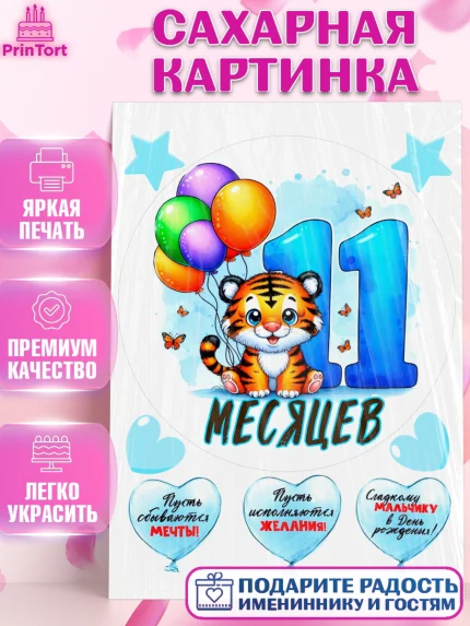 Сахарная картинка, День Рождение малыша, звери, животные, зоопарк, мальчику, шарики, Мальчик, арт. PT120852
