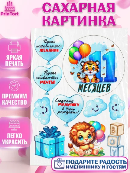 Сахарная картинка, День Рождение малыша, звери, животные, зоопарк, мальчику, шарики, Мальчик, арт. PT120864