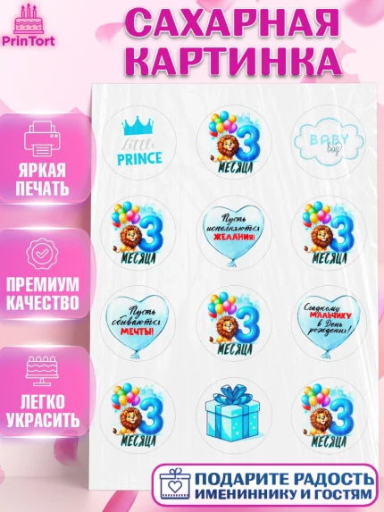 Сахарная картинка, День Рождение малыша, звери, животные, зоопарк, мальчику, шарики, Мальчик, арт. PT120868