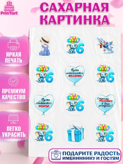 Сахарная картинка, День Рождение малыша, звери, животные, зоопарк, мальчику, шарики, Мальчик, арт. PT120872