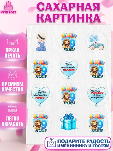 Сахарная картинка, День Рождение малыша, звери, животные, зоопарк, мальчику, шарики, Мальчик, арт. PT120875