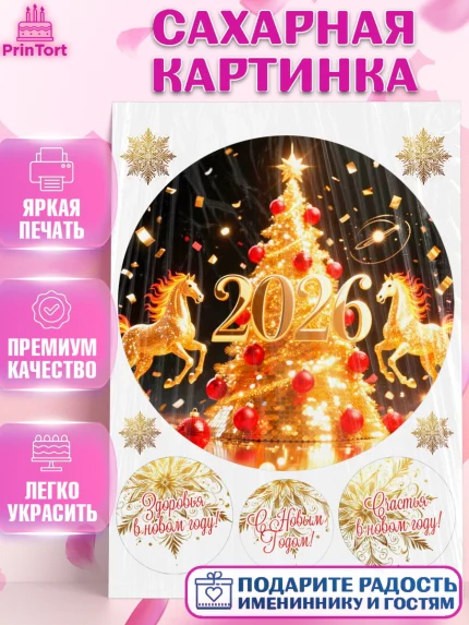 Сахарная картинка, Новый год, 2026, Новый год2026, Лошадь, лошадка, год лошади, Девочка, арт. PT121098