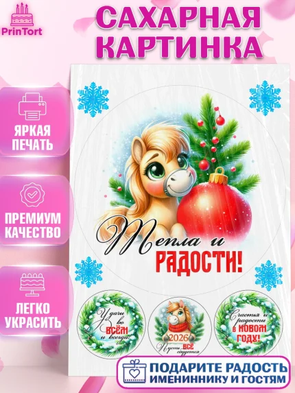 Сахарная картинка, Год лошади, Новый год, 2026, лошадь, лошадка, Ёлка, дед Мороз, Девочка, арт. PT121227