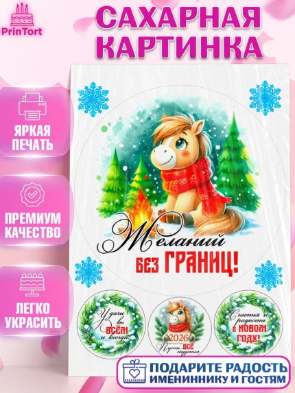 Сахарная картинка, Год лошади, Новый год, 2026, лошадь, лошадка, Ёлка, дед Мороз, Девочка, арт. PT121229