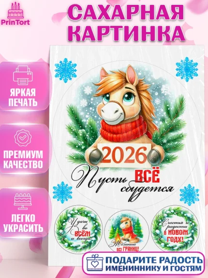 Сахарная картинка, Год лошади, Новый год, 2026, лошадь, лошадка, Ёлка, дед Мороз, Девочка, арт. PT121230