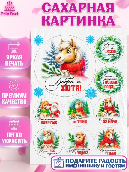 Сахарная картинка, Год лошади, Новый год, 2026, лошадь, лошадка, Ёлка, дед Мороз, Девочка, арт. PT121234