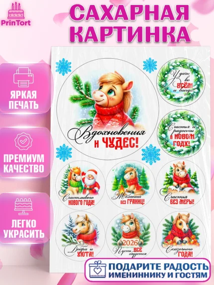 Сахарная картинка, Год лошади, Новый год, 2026, лошадь, лошадка, Ёлка, дед Мороз, Девочка, арт. PT121236