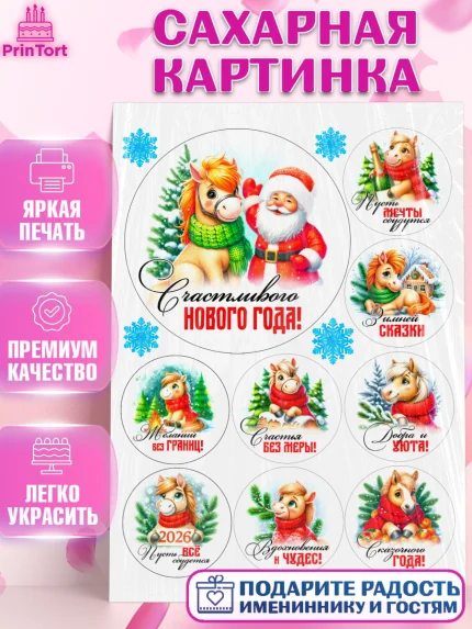 Сахарная картинка, Год лошади, Новый год, 2026, лошадь, лошадка, Ёлка, дед Мороз, Девочка, арт. PT121241