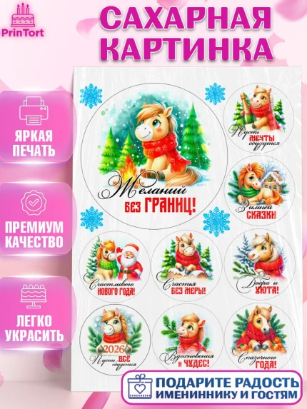 Сахарная картинка, Год лошади, Новый год, 2026, лошадь, лошадка, Ёлка, дед Мороз, Девочка, арт. PT121242