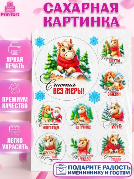 Сахарная картинка, Год лошади, Новый год, 2026, лошадь, лошадка, Ёлка, дед Мороз, Девочка, арт. PT121243