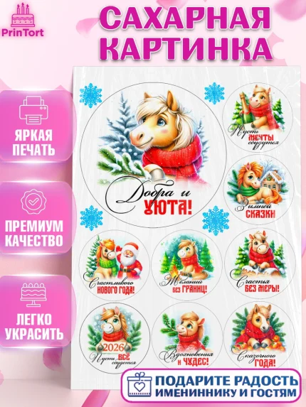 Сахарная картинка, Год лошади, Новый год, 2026, лошадь, лошадка, Ёлка, дед Мороз, Девочка, арт. PT121244