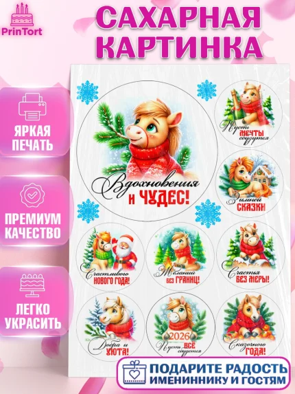 Сахарная картинка, Год лошади, Новый год, 2026, лошадь, лошадка, Ёлка, дед Мороз, Девочка, арт. PT121246