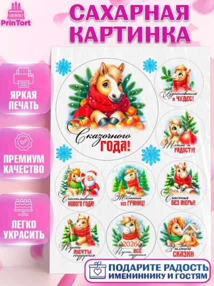 Сахарная картинка, Год лошади, Новый год, 2026, лошадь, лошадка, Ёлка, дед Мороз, Девочка, арт. PT121250
