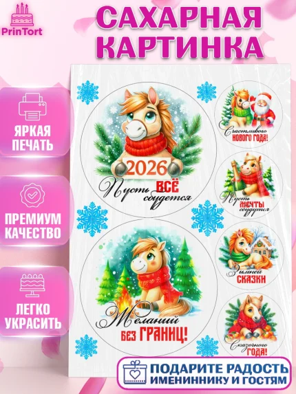 Сахарная картинка, Год лошади, Новый год, 2026, лошадь, лошадка, Ёлка, дед Мороз, Девочка, арт. PT121253