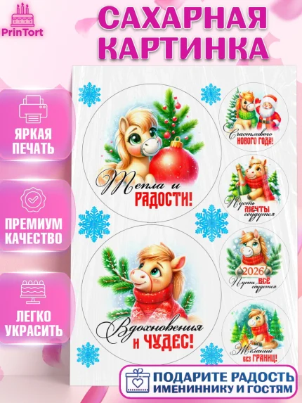 Сахарная картинка, Год лошади, Новый год, 2026, лошадь, лошадка, Ёлка, дед Мороз, Девочка, арт. PT121254