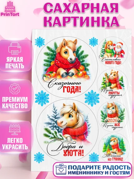 Сахарная картинка, Год лошади, Новый год, 2026, лошадь, лошадка, Ёлка, дед Мороз, Девочка, арт. PT121255