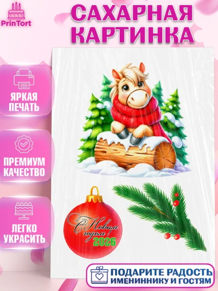 Сахарная картинка, Год лошади, Новый год, 2026, лошадь, лошадка, Ёлка, дед Мороз, Девочка, арт. PT121257
