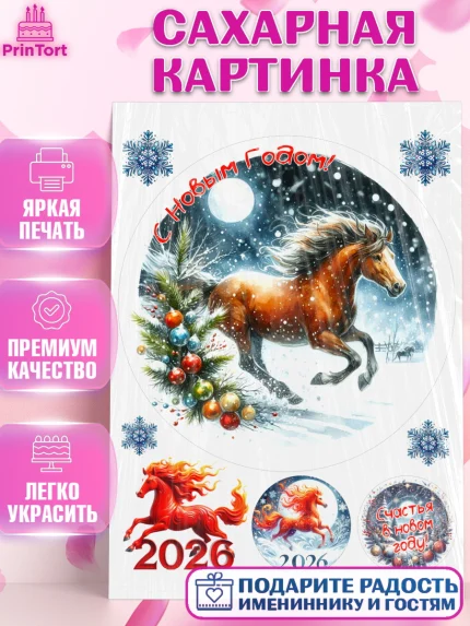 Сахарная картинка, Год лошади 2026, Новый год, 2026, лошадь, лошадка, Ёлка, дед Мороз, год лошади, арт. PT121314