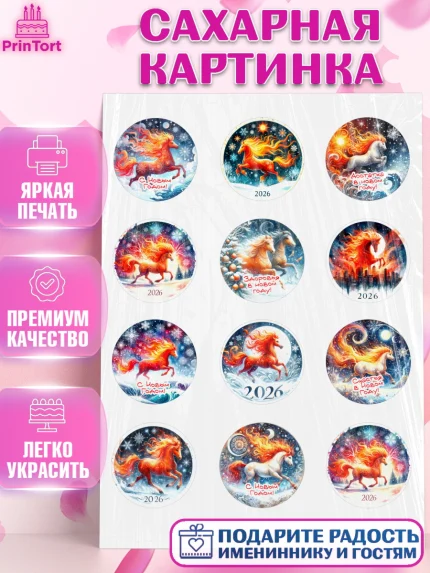 Сахарная картинка, Год лошади 2026, Новый год, 2026, лошадь, лошадка, Ёлка, дед Мороз, год лошади, арт. PT121315