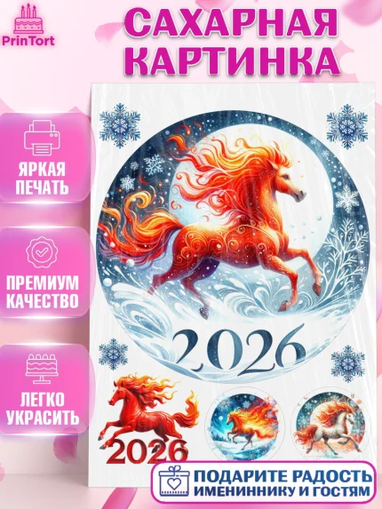 Сахарная картинка, Год лошади 2026, Новый год, 2026, лошадь, лошадка, Ёлка, дед Мороз, год лошади, арт. PT121317