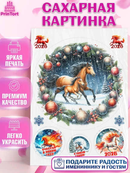 Сахарная картинка, Год лошади 2026, Новый год, 2026, лошадь, лошадка, Ёлка, дед Мороз, год лошади, арт. PT121320