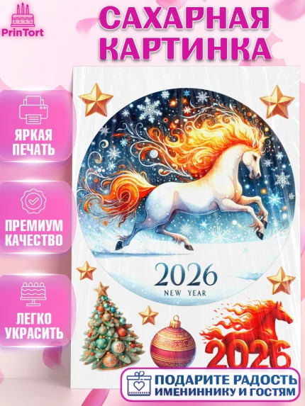 Сахарная картинка, Год лошади 2026, Новый год, 2026, лошадь, лошадка, Ёлка, дед Мороз, год лошади, арт. PT121323