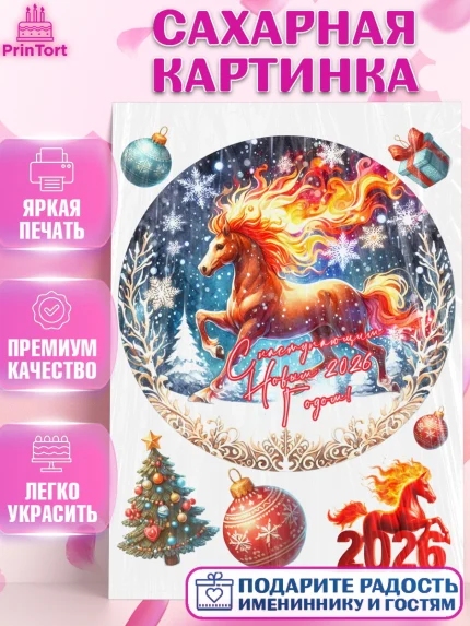 Сахарная картинка, Год лошади 2026, Новый год, 2026, лошадь, лошадка, Ёлка, дед Мороз, год лошади, арт. PT121327